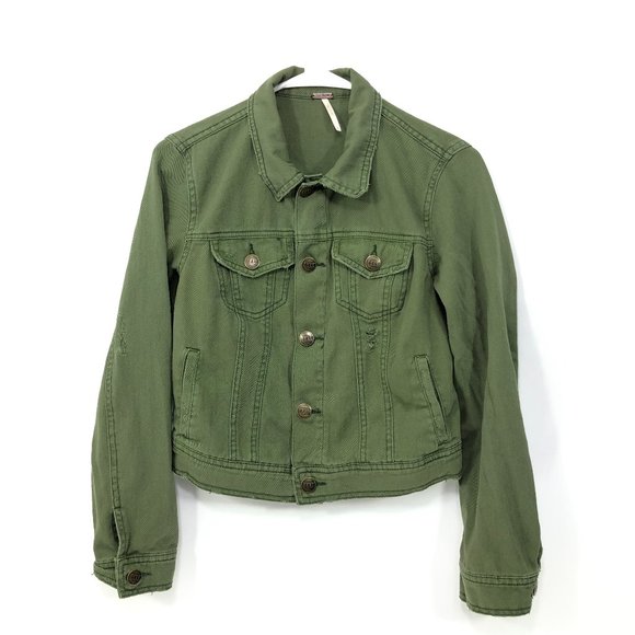 Free People Military Green Distressed Denim Jacket Cropped Size 6 Condition: ex